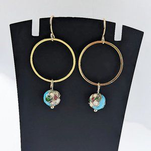 Gold Stainless Steel Blue Floral Cloisonne Beaded Hoop Earrings